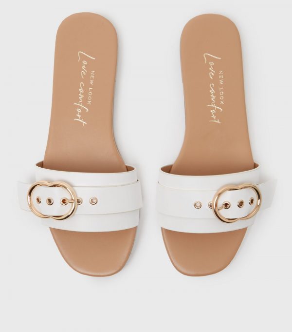 New Look White Buckle Slippers