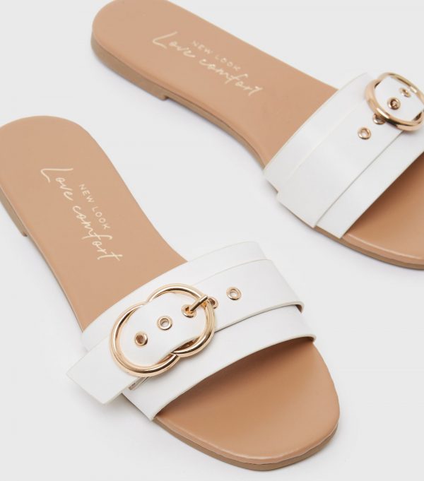 New Look White Buckle Slippers