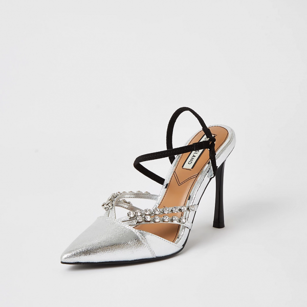 Riverisland Silver Diamante Strappy Court Shoes